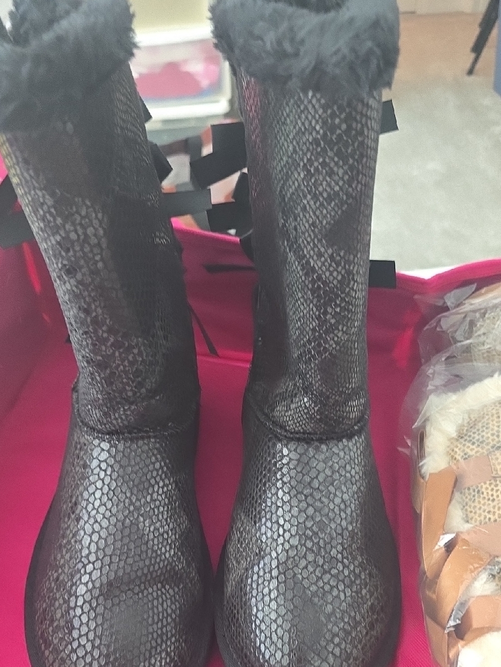 UGG Black Snake-Embossed Lace-Up Fur-Trim Boots